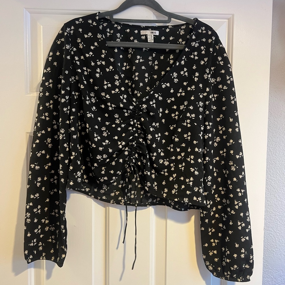 Muse Black Blouse with White Floral Design